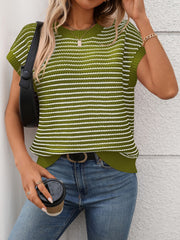 Matcha green knit shell sweater with white horizontal stripes, short sleeves, and crew neck.