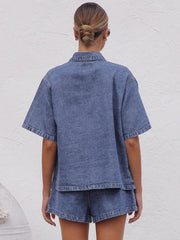 Relaxed denim shirt and drawstring shorts set in medium wash.