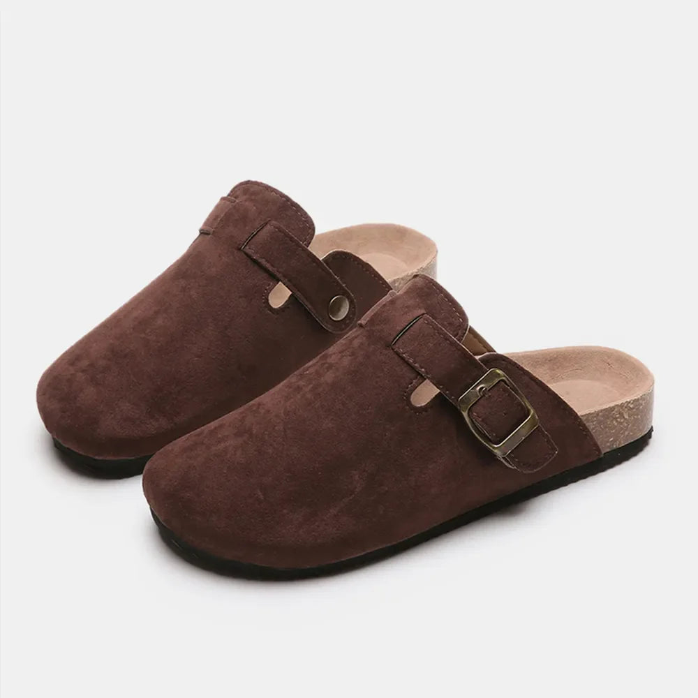 Chocolate suede clog slides with adjustable buckle and cork sole