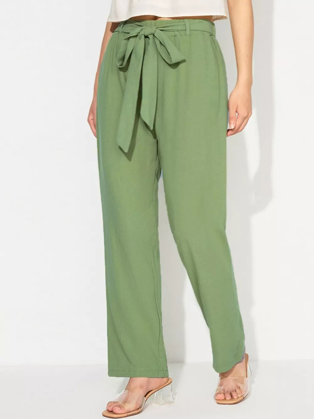 Bean green maternity pants with adjustable tie waist and wide leg