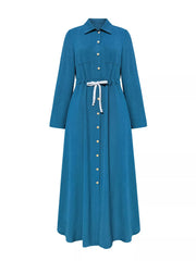 French Blue button-down maxi dress with drawstring waist and long sleeves.