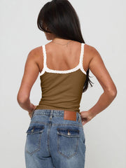 Ribbed tank top in coffee brown with white lace trim straps and neckline.