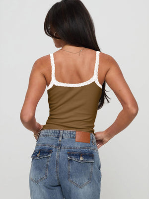 Ribbed tank top in coffee brown with white lace trim straps and neckline.