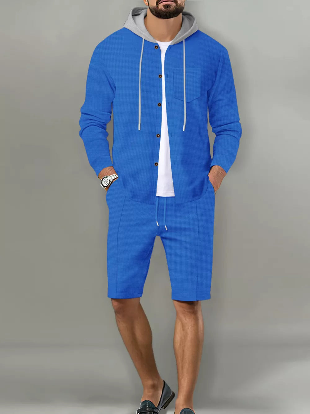 Men's Casual Hooded Button-up Shirt And Shorts Set, model styling view