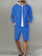 Men's Casual Hooded Button-up Shirt And Shorts Set, model styling view