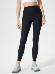 Black ribbed high-waist leggings with a full-length cut.