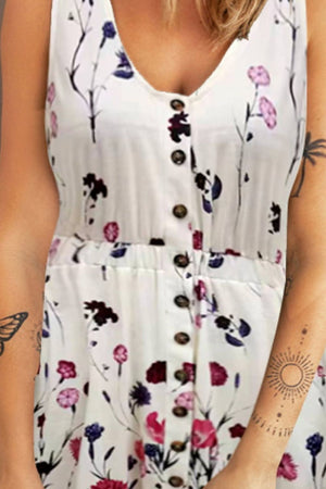 White floral button-down midi dress with elastic waist and V-neck