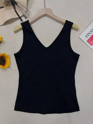 Black ribbed V-neck tank top with a fitted silhouette.