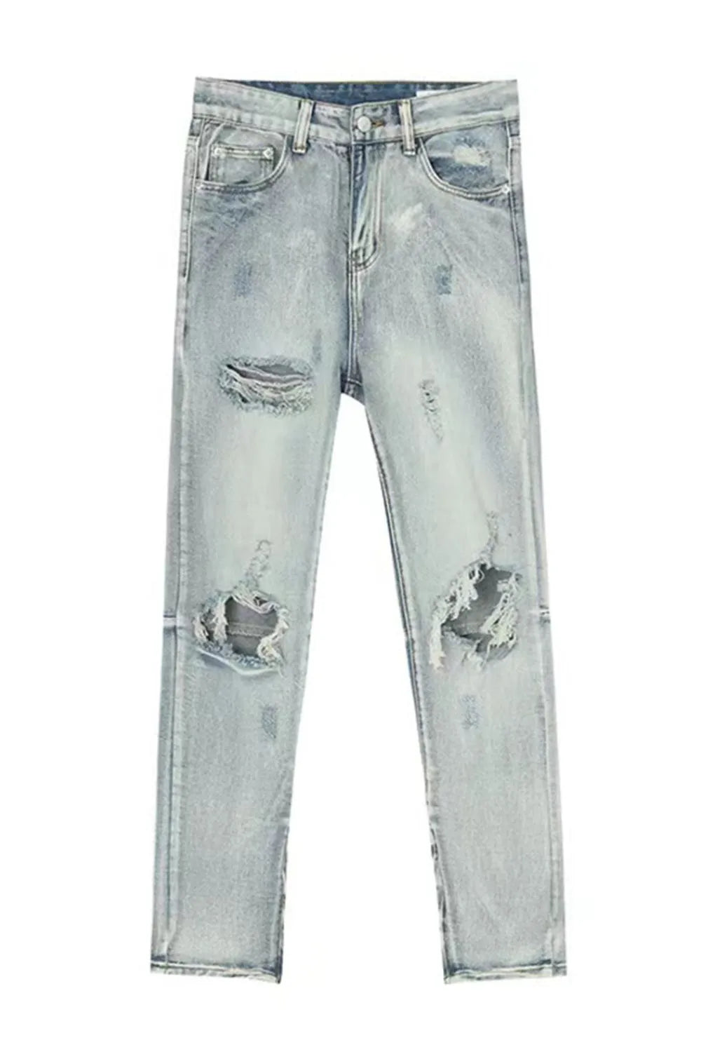 Light wash denim jeans with ripped knees and a slim fit.
