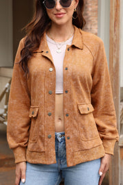 Washed cotton utility jacket in caramel with chest pockets and snap closures.