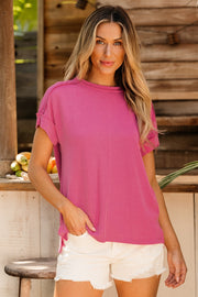 Hot Pink textured ribbed tee with rolled sleeves and a crew neck.
