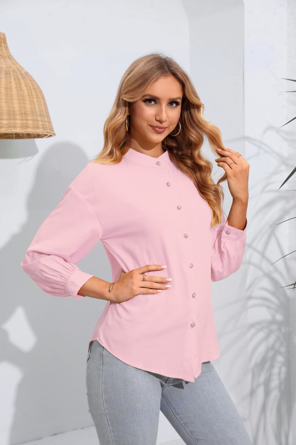Pink mandarin collar blouse with button front and gathered sleeves