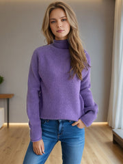 Lavender ribbed turtleneck sweater with button detail on shoulder, acrylic knit.