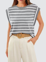 Gray and white striped sleeveless tank top with shoulder detail.