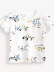 White cotton toddler t-shirt with a blue and yellow vehicle print, short sleeves, crew neck.