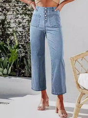 Light blue button-front wide-leg cropped jeans with patch pockets.