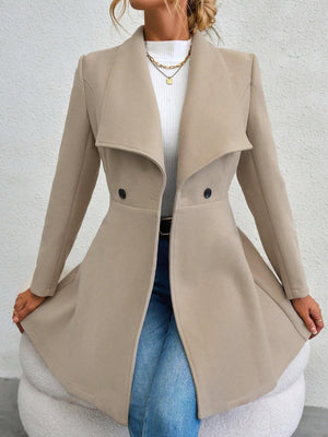 Draped collar flare-hem coat in Dust Storm with button details and a chic silhouette.