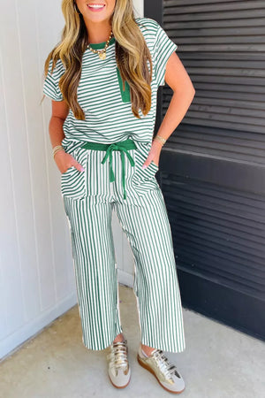 Chic green and white striped two-piece pajama set with crew neck top and drawstring pants.