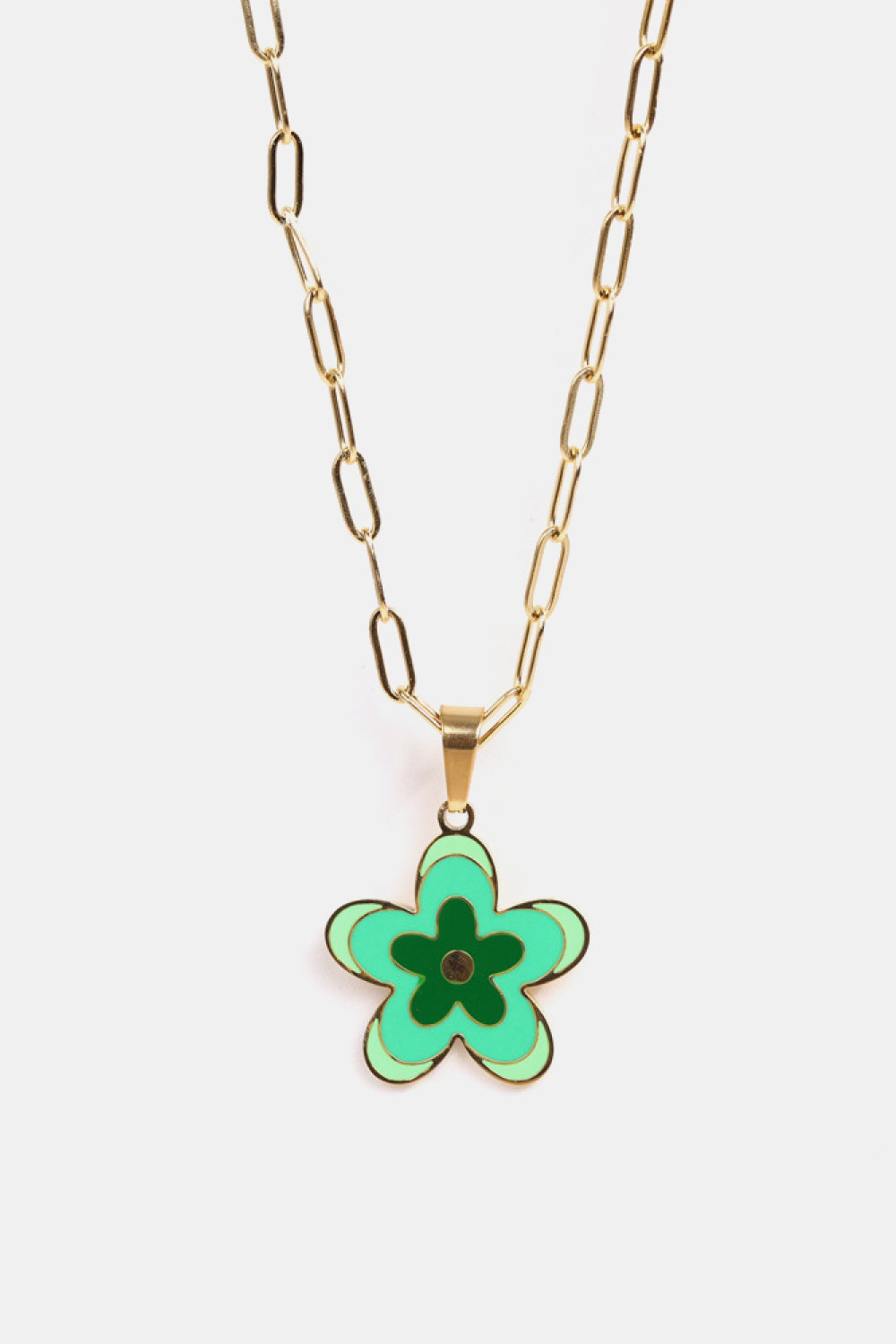 Enamel floral pendant necklace with gold-plated chain in green.