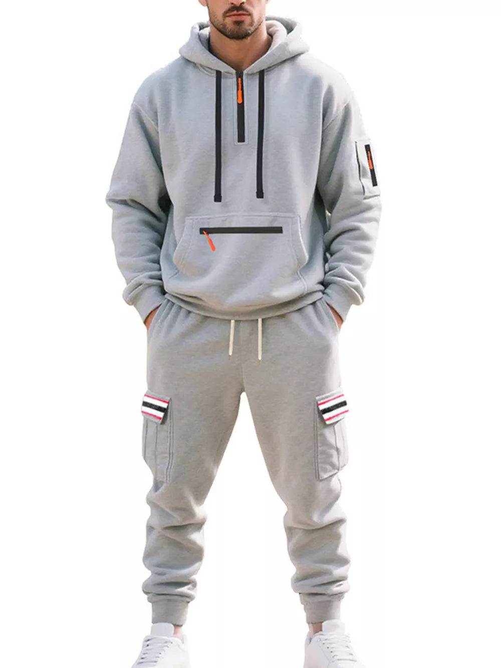 Men's Casual Half-zip Hoodie And Cargo Pants Set in Navy Blue, view 15