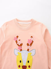 Watermelon pink cotton sweatshirt for kids with a reindeer applique and floral antlers.