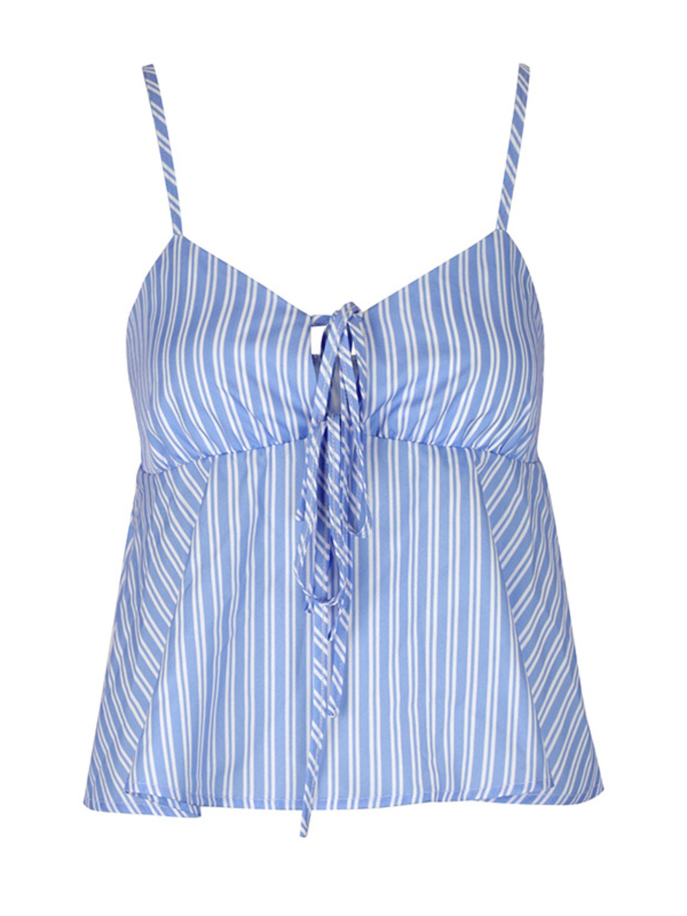 Blue striped cami with tie-front detail and peplum hem