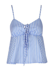 Blue striped cami with tie-front detail and peplum hem