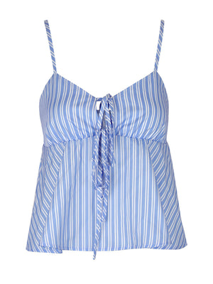 Blue striped cami with tie-front detail and peplum hem