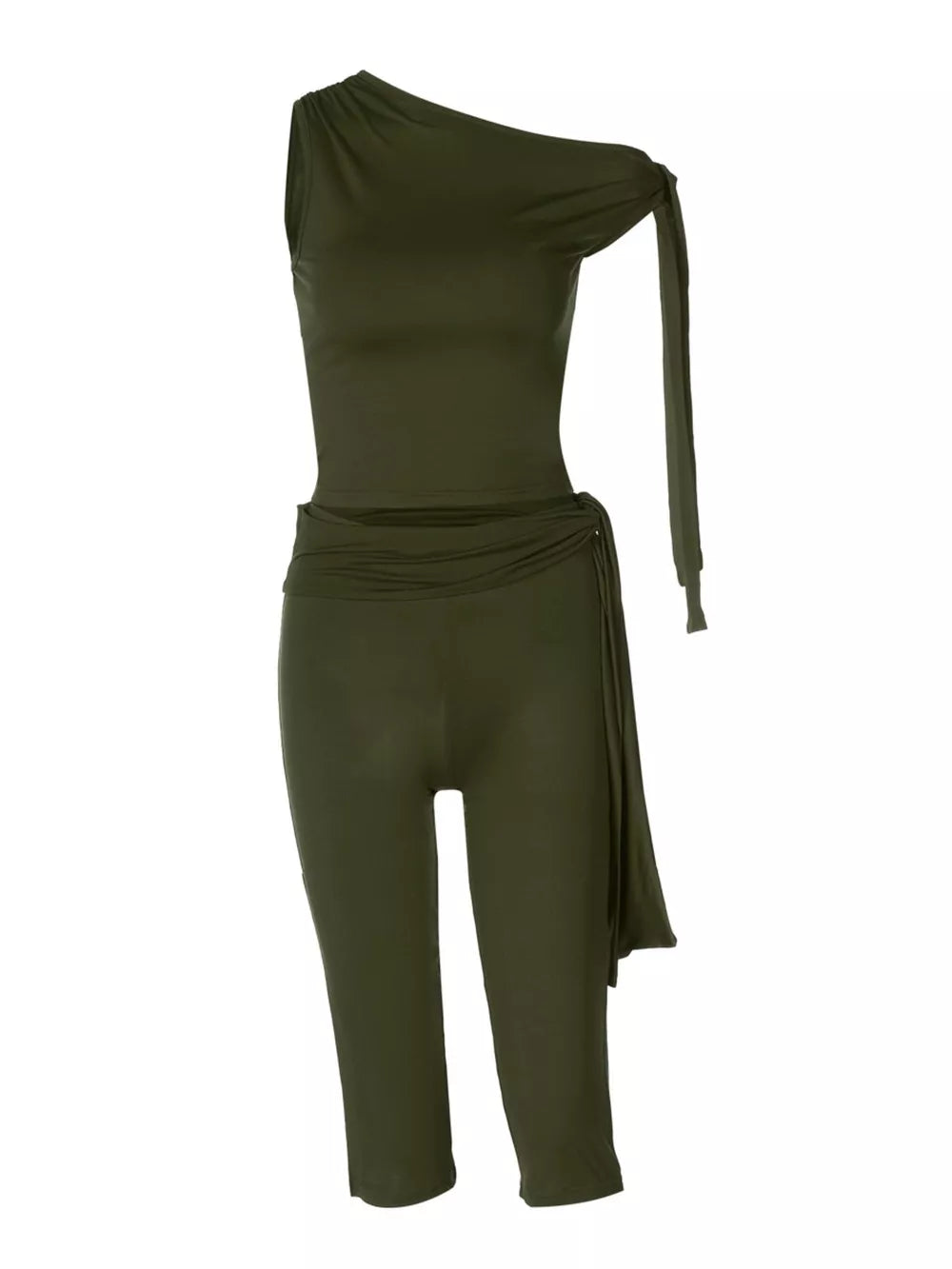 Olive green asymmetrical one-shoulder top and capri pants set with a tie waist detail.