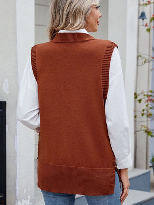 Brown ribbed knit vest with side buttons, worn over a white shirt.