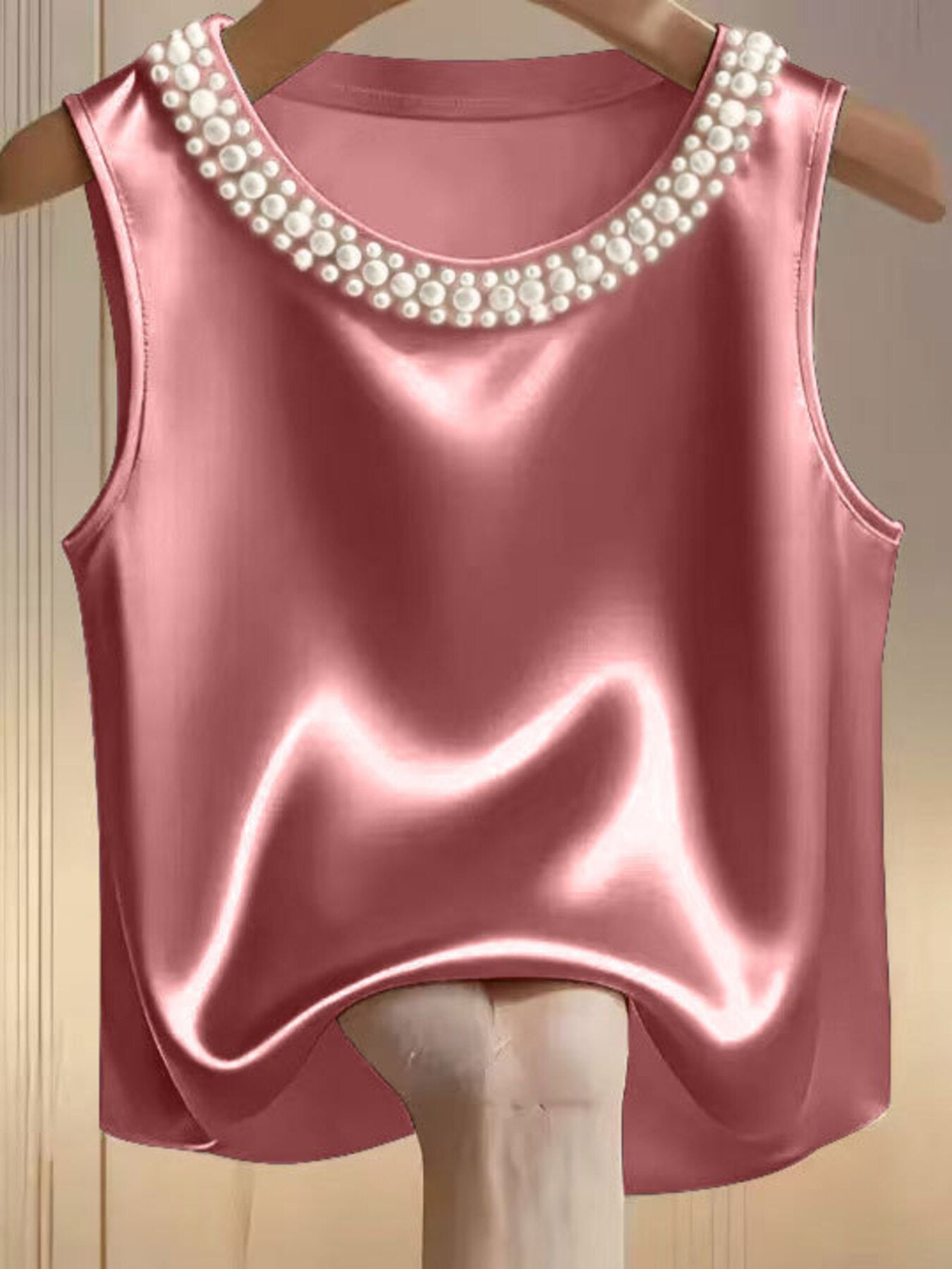 Pink satin tank top with pearl embellished neckline