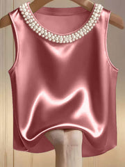 Pink satin tank top with pearl embellished neckline