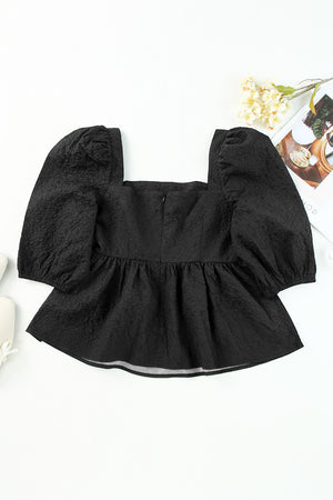 Black textured peplum blouse with square neck and petal puff sleeves