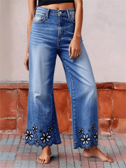 Embroidered Wide-leg Cropped Jeans With Scalloped Hem
