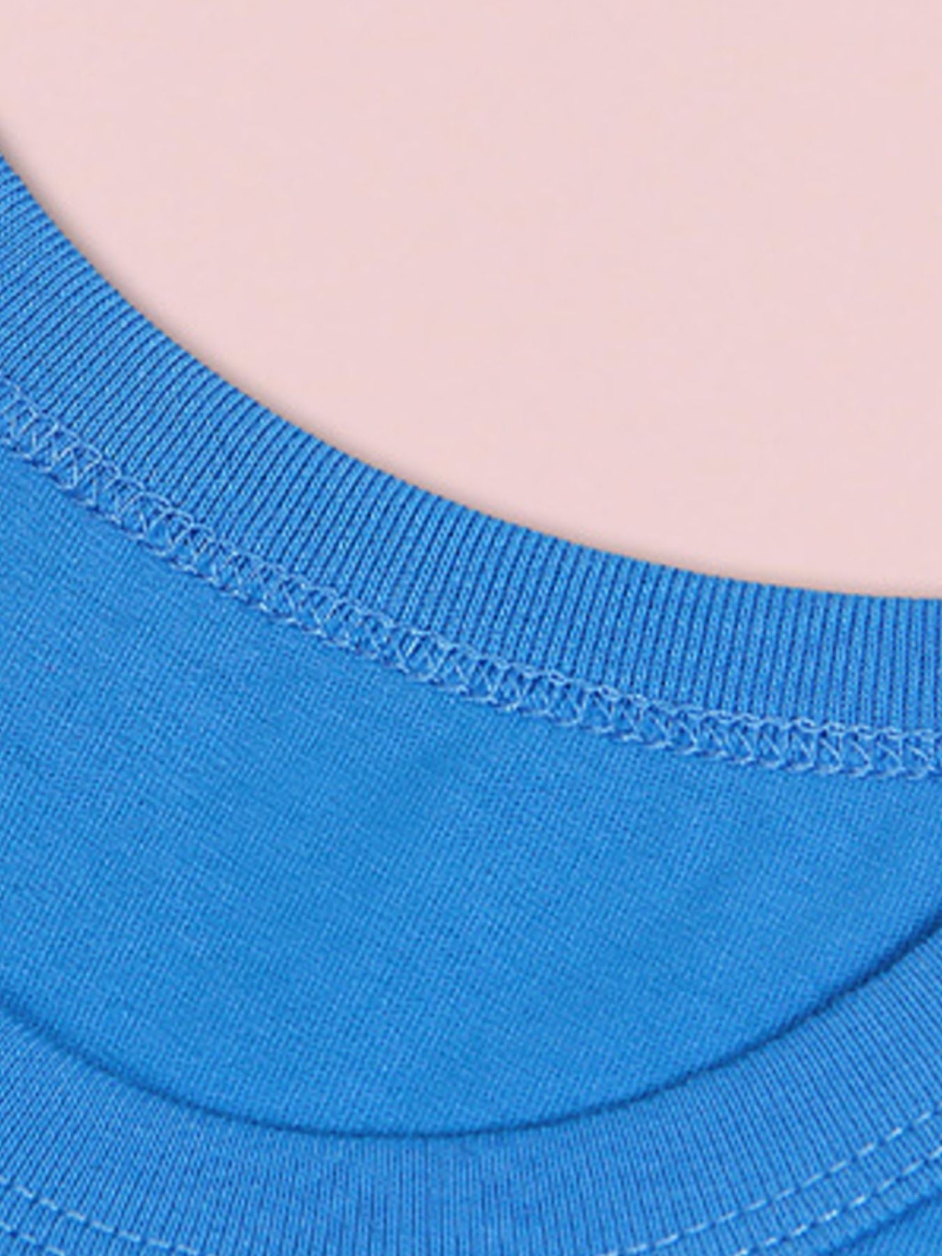 Blue crew neck t-shirt detail with visible stitching