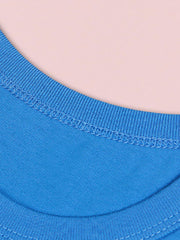 Blue crew neck t-shirt detail with visible stitching