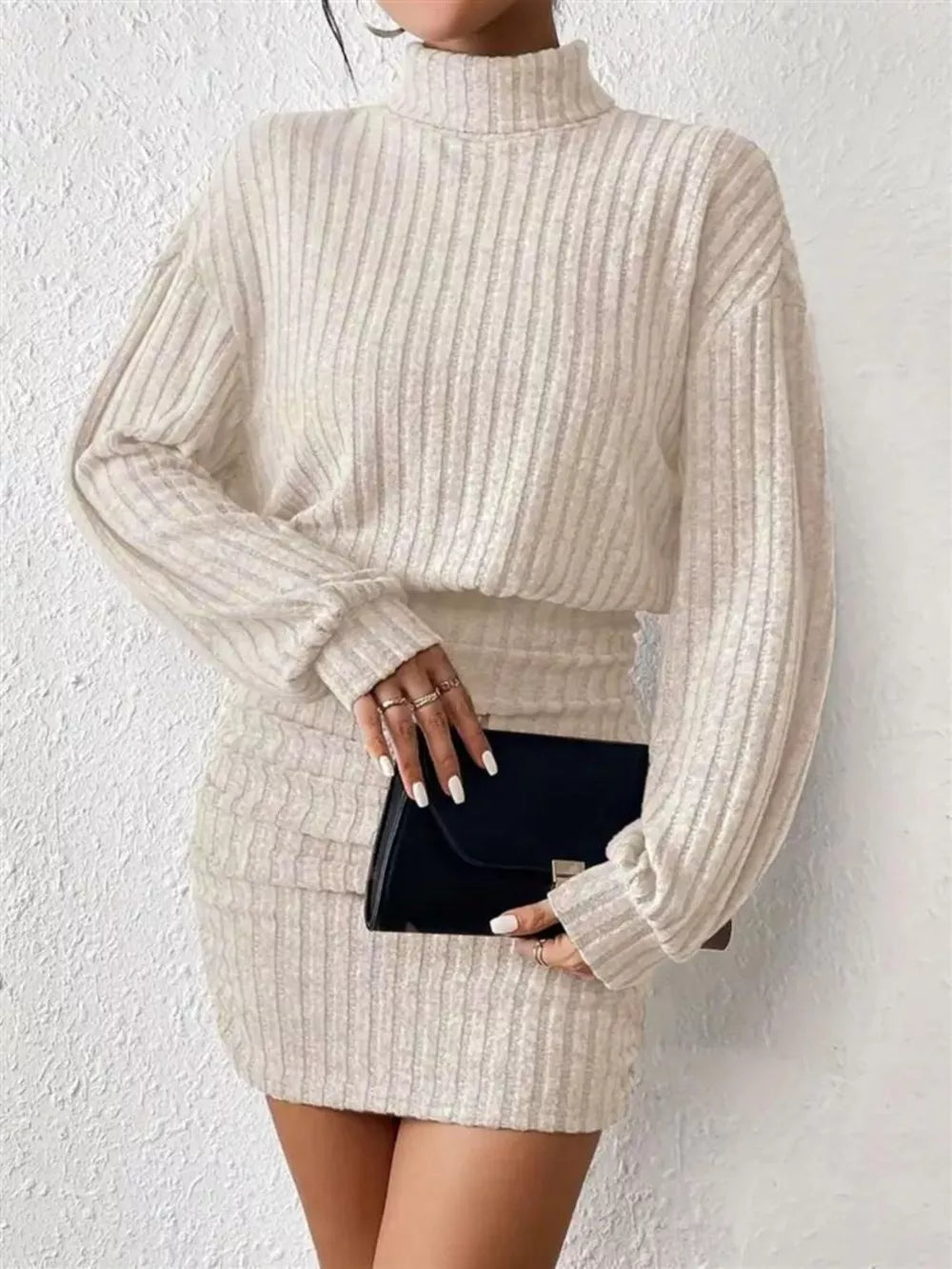 Cozy ribbed turtleneck mini dress in Dust Storm with long sleeves and a bodycon fit.