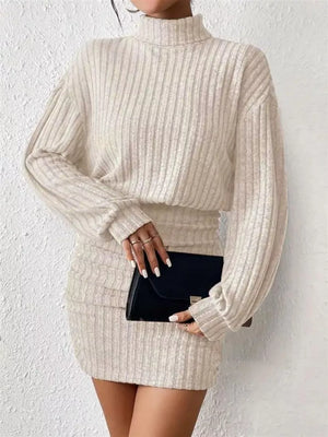 Cozy ribbed turtleneck mini dress in Dust Storm with long sleeves and a bodycon fit.