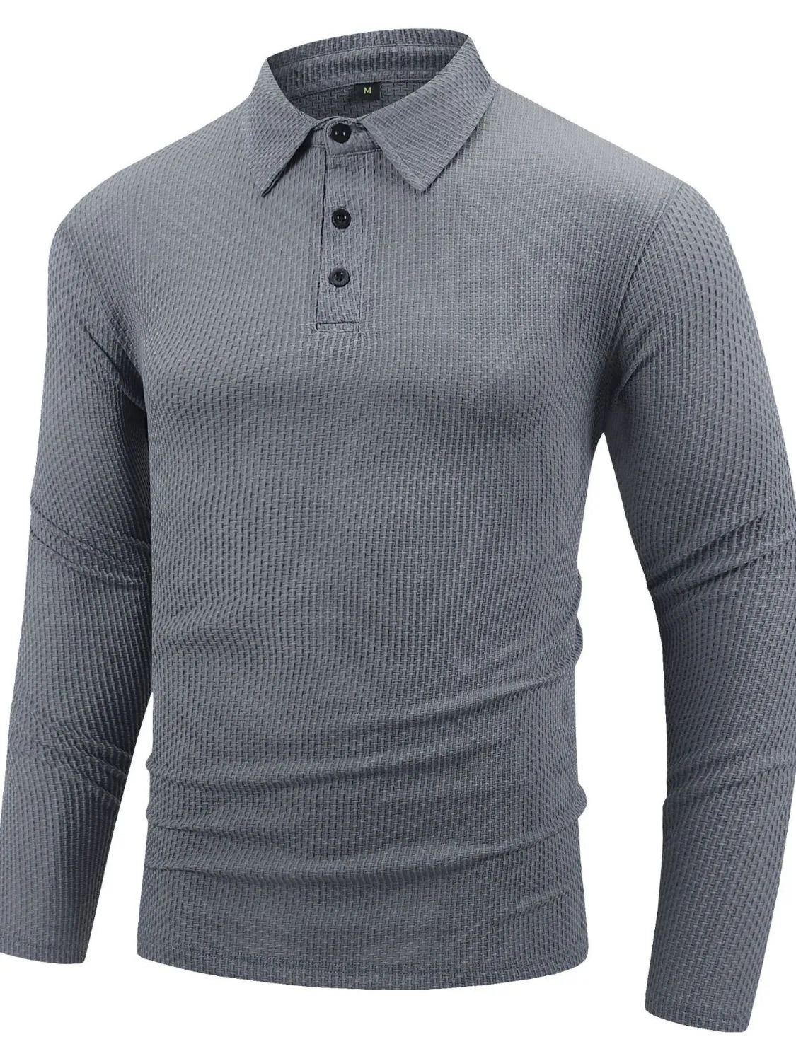 Gray textured long sleeve polo shirt with buttoned placket and articulated sleeves.