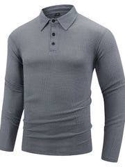 Gray textured long sleeve polo shirt with buttoned placket and articulated sleeves.