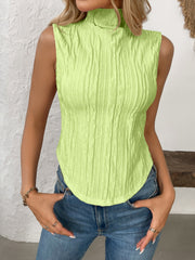 Lime textured sleeveless mock neck top with a crinkled pattern.
