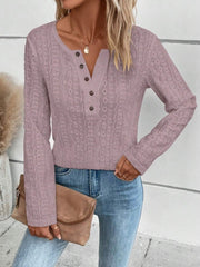 Lilac textured henley long sleeve top with button detail and open knit pattern.