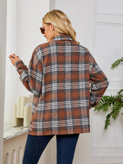 Brown plaid shacket with oversized buttons and a collared neckline.