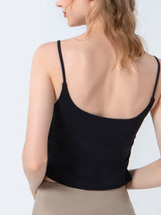 Black spaghetti strap crop top with side ruching detail