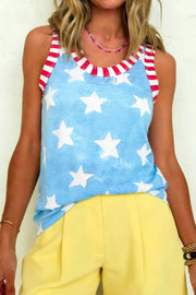 Tank top with blue tie-dye star print and red striped trim