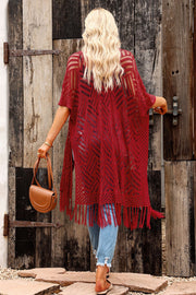 Open knit chevron fringe cardigan in rust with short sleeves and a relaxed fit.
