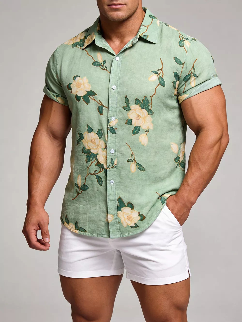 Men's Plus Size Floral Print Short Sleeve Shirt in Gold, view 11