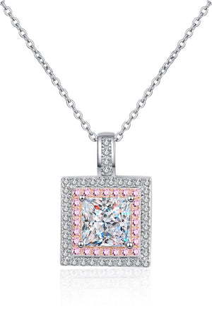 Silver moissanite halo pendant necklace with square-cut center stone and pink accent stones.
