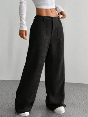 Black wide-leg corduroy utility trousers with front pockets and a relaxed fit.