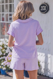 Chic striped cotton polo and drawstring shorts set for women.